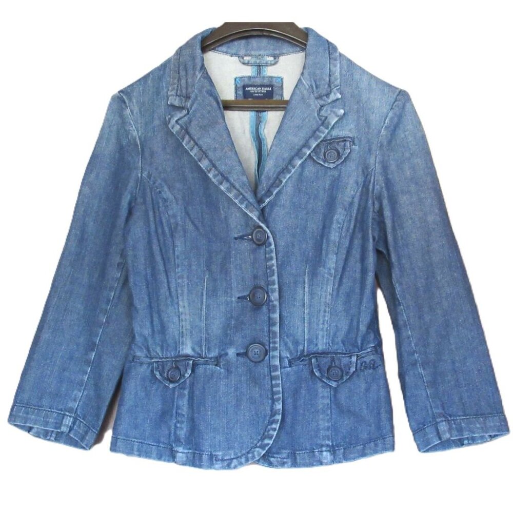 American Eagle Outfitters Women Blazer/Jacket Blue Jean/Denim Buttons Stretch